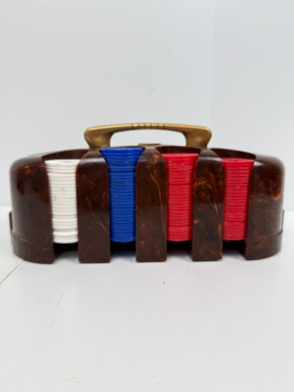 Vtg Victory Bakelite Poker Chip & Card Deck Caddy Brown Butterscotch Swirl